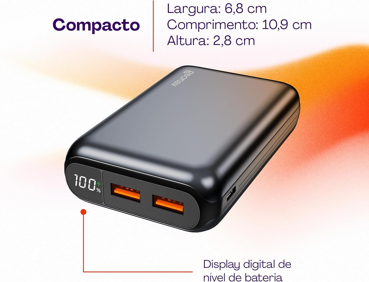 Geonav Power Bank, Carregador Portátil Universal 20.000mAh, USB-A (até 18W) + USB-C (até 20W), Compacto, Carregamento Rápido, Pass Through, Led Indicador de Bateria, PB20K20WSG, Cinza espacial - Imagem 5