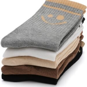 Meias femininas fofas, divertidas, com rosto sorridente, tricotada, confortável, de algodão, para meninas, divertidas, meias de cano médio