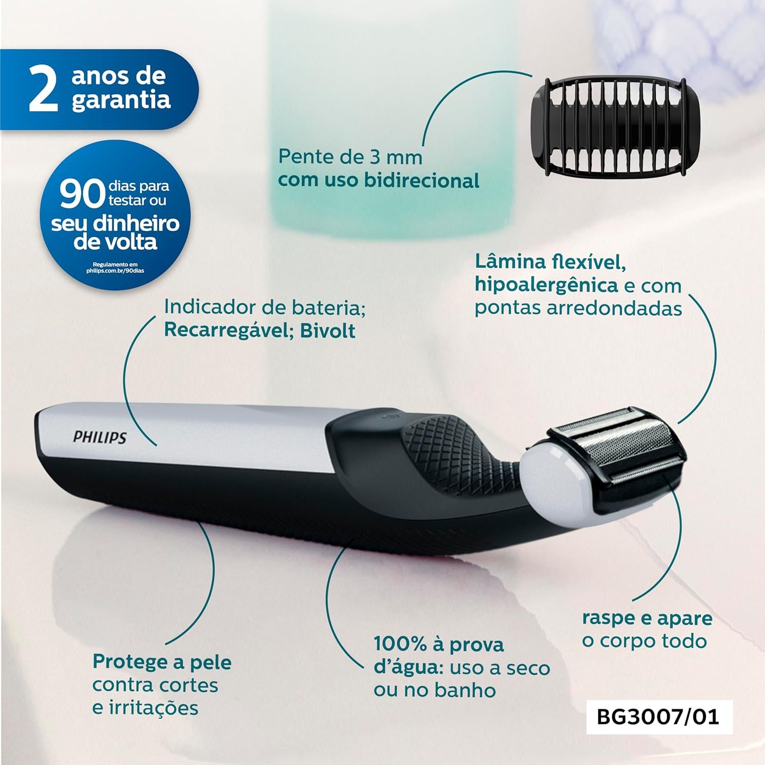 Aparador e Raspador de Pelos para o Corpo Philips Bodygroom BG3007/01 Uso Seco e Molhado, à Prova d’água - Bivolt - Imagem 5