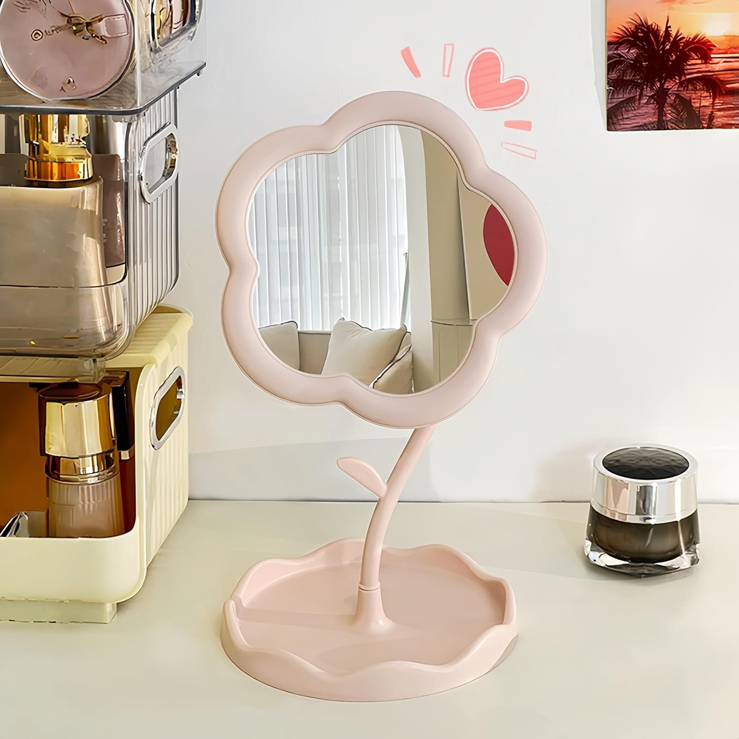1 espelho de maquiagem pequeno em forma de flor com armazenamento para mesa ou penteadeira, espelho decorativo de design de girassol fofo HD, rosa