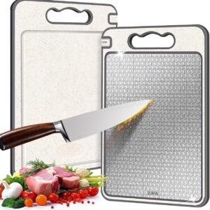 LUMAI Tábua de Corte para Cozinha Dupla Face Aço Inoxidável e PP, Superfície Higiênica para Carnes, Frutas e Vegetais, Afiador Integrado, Canaletas Antirrespingo, Base Antiderrapante e Alça Ergonômica