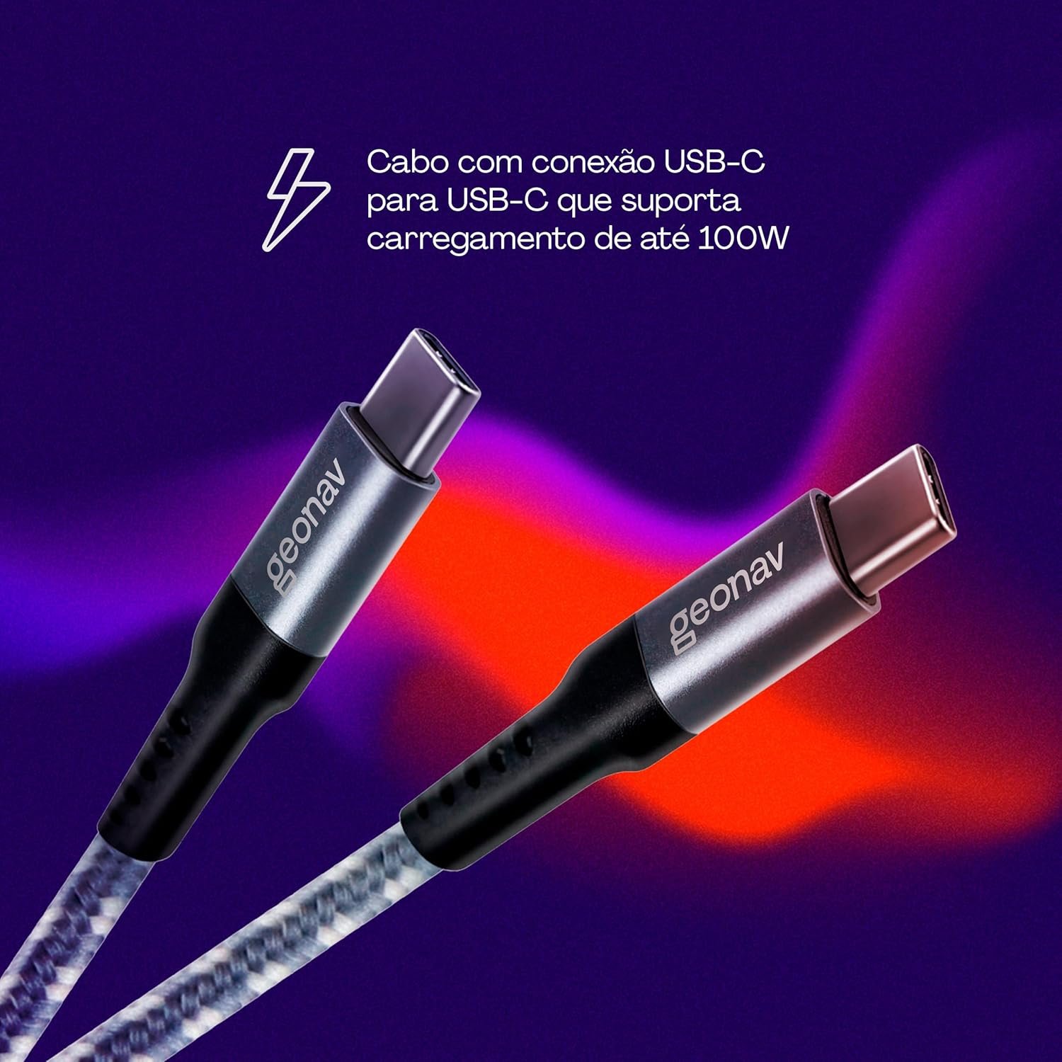 Geonav Cabo USB-C (tipo C) para USB-C (tipo C), 1,5 metros, nylon trançado, UCC04, Cinza/Branco - Imagem 2
