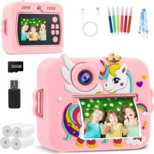 Câmera Infantil, Portátil Digital, Pode Selfie com 32GB Cartão, Papel Fotográfico, Canetas Coloridas, Vídeo HD, Brinquedos Meninas Meninos com Crianças de 3 a 14 Anos （Rosa）