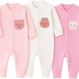 Kit 3 Macacão Para Bebê Canelado Bordado Vira Pé Menina Feminino – P Ao G