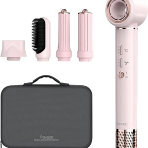 GOKOCO Secador de Cabelo 5 em 1 Conjunto, Escova Secadora 1400W Alta Velocidade 110000 Rpm, Kit Modelador Liso e Cacheado com Bocal Magnético 220V, Rosa