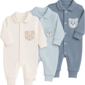 Kit 3 Macacão Para Bebê Canelado Bordado Vira Pé Menino Masculino – P Ao G