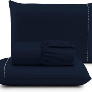 Jogo de Lençol Casal 3 Peças Micropercal 400 Fios, Acabamento em Ponto Palito, Toque Acetinado de Hotel, Antiácaro, Não Amassa, Lençol com Elástico, Não faz bolinha, Extra Macio. (Azul Marinho)