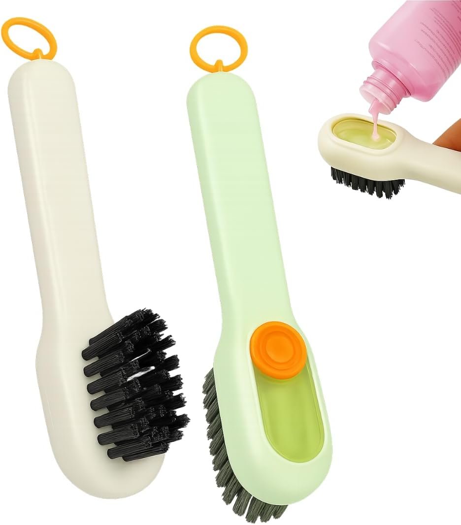 Kit 2 Escovas de Limpeza Multiuso com Dispenser de Sabão – Práticas para Cozinha, Banheiro, Piso, Azulejos, Sapatos – Mais Eficiência, Menos Desperdício