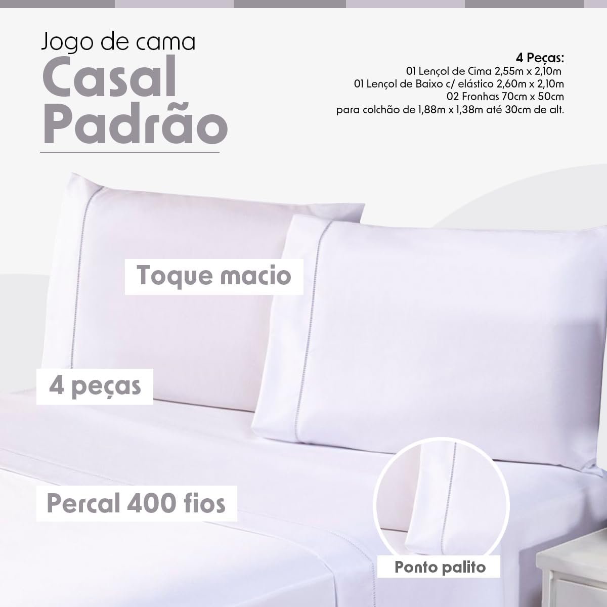 Jogo de Cama Casal Padrão Percal 400 Fios Ponto Palito 04 Peças, Antiácaro, Não faz bolinha Toque Extra Macio – Branco - Imagem 2