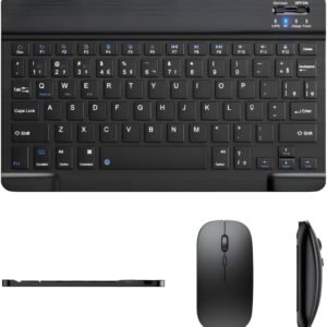 Teclado E Mouse Bluetooth Recarregáveis – Design Slim, Silencioso E Ergonômico Para Escritório E Casa Para Computador, Tablet E Laptop Ipad | Kit Premium Sem Fio 2 Em 1 (Preto)