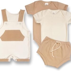 KIT Enxoval Brisa com 4 Peças Suedine 100% Algodão Jardineira, Tapa Fralda e Body Bebê