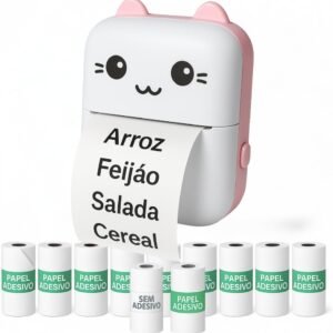 Mini impressora térmica portátil (Rosa) sem fio 200dpi + 10 rolos papel adesivo térmico e 1 rolo comum 57 * 30mm impressão bluetooth para fotos scanners, etiquetas