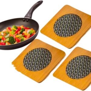 Descanso de Panela em Bambu com Centro Inox, Design Quadrado e Redondo, Kit com 3 Peças (Quadrado)