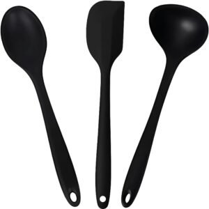 Kit Utensílios Cozinha Espátula Colher Concha Silicone Premium Conjunto 3 Itens Antirriscos Antiaderente Livre de BPA Maleável Durável Resistente Multiuso Fácil Limpeza Ideal para Cozinhar Preto 27cm
