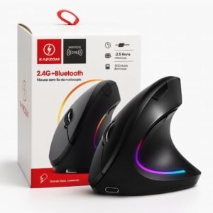 Mouse Ergonômico Sem Fio Vertical Recarregável Silencioso ErgoTech® RGB – Reduz Dor no Pulso e Fadiga – Compatível com Windows, Mac, Notebook, PC – Preto, Design Ortopédico DPI Ajustável