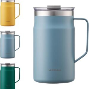 Caneca Metro LocknLock Premium 18/8 de aço inoxidável com isolamento de parede dupla com alça, perfeita para mesa com tampa, azul, 590 ml