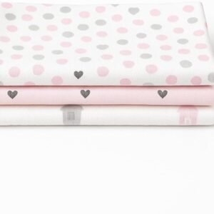 Kit 3 Cueiros Flanelados Dupla Face 100% Algodão – Estampados, Macios, Confortáveis p/Bebê, 80x50cm (Rosa/Branco)