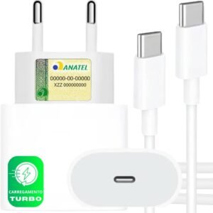 Carregador USB-C Turbo para iPhone 15, 15 pro, 15 Pro Max, iPhone 16, 16 pro, 16 pro Max, Compativel c/Samsung Galaxy, IOS/Android, Super Rapido, Fonte Entrada Tipo-C + Cabo USB-C, Branco Homologado