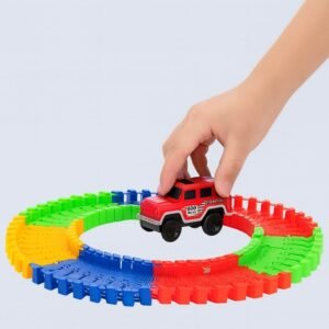 Carrinho Infantil, Pista de Corrida Flexível, Carrinho Com Luzes no Farol, Trilha Maluca Para Montar, 56 Peças