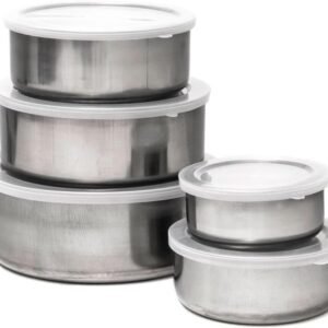 Jogo de Tigelas Aço Inox 5 Peças com Tampa – Design Moderno, Durável, Ideal para Cozinhar e Servir