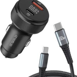 Carregador Veicular Turbo 60W – 2 USB-C Power Delivery + USB-A Quick Charge com Cabo Incluso para iOS e Android