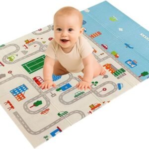 Tapete Térmico Tatame Infantil Emborrachado Dupla Face Dobrável Macio 178cm x 118cm Pista Urso Castor Sensorial Meu Primeiro Tapetinho (Pista/Cidade)