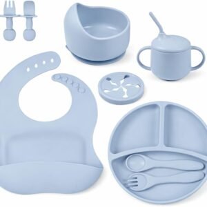 Kit de Alimentação para Bebê 8 Peças em Silicone Livre de BPA, com Ventosa Antiderrapante, Prato Divisório e Babador, Presente para Introdução Alimentar(Azul)