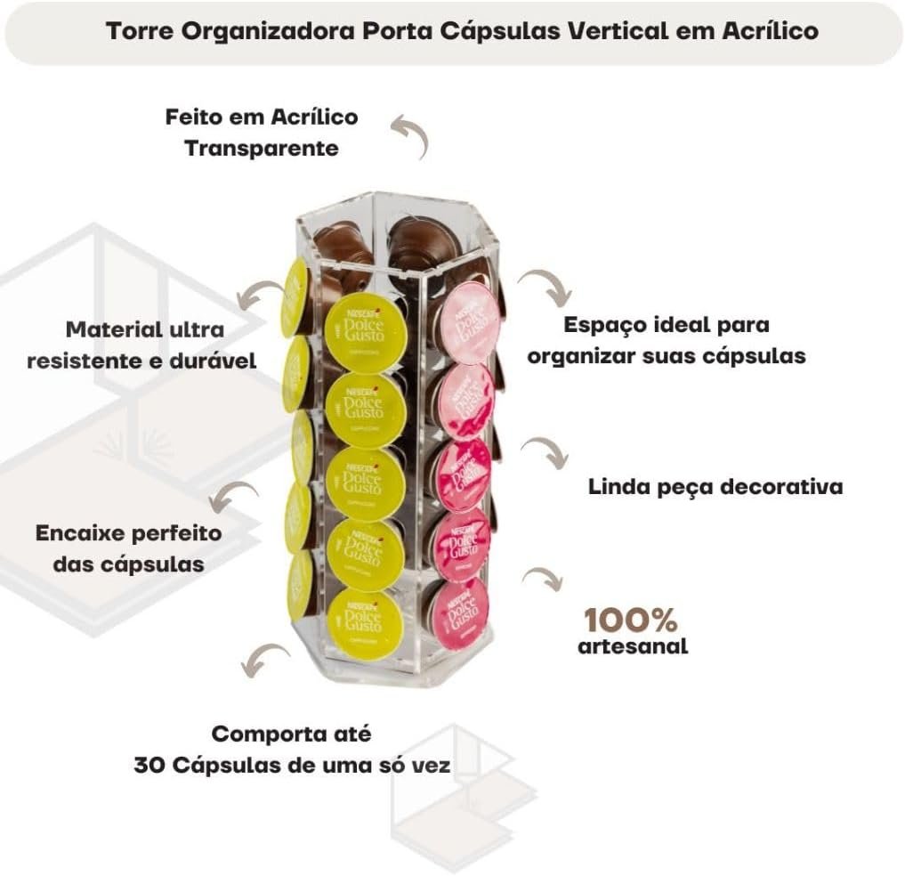 Torre Organizadora em Acrílico Transparente para Cápsulas de Café, 31,5 x 6,5 cm, Capacidade 30 Cápsulas, Acabamento Artesanal - Imagem 7