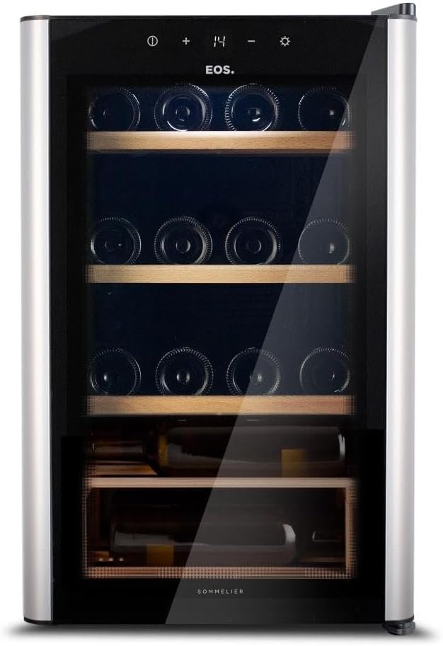 Adega Climatizada 22 Garrafas Eos Premium com Porta de Vidro e Inox Prateleira de Madeira com Compressor Eac24im 220v