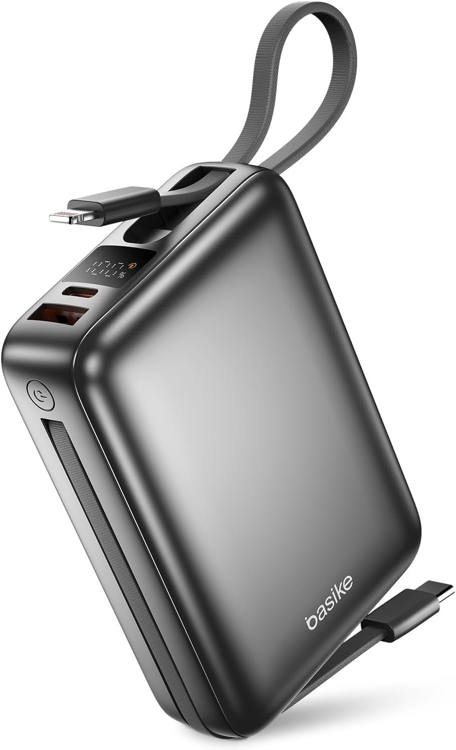 Basike Carregador Portátil, Power Bank 20000mAh com Cabos Integrados, Carregamento Rápido 22.5W(MAX), Compacto, Led Indicador de Bateria para iPhone/Samsung/Huawei/Xiaomi (Cinza)