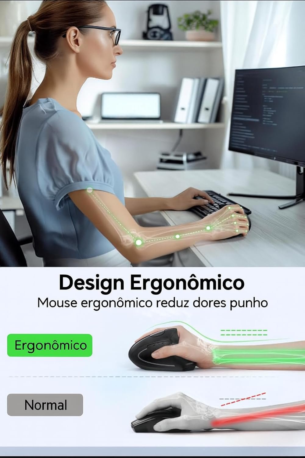 Mouse Vertical Ergonômico, Sem Fio, 1600 DPI, Mouse Ortopédico Bluetooth 2.4G, 6 Botões, Posição da Mão Correta, Evita Inflamações no Pulso e Tendões, Trabalho, Jogos e Estudos, Recarregável USB - Imagem 3