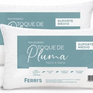 Kit 2 Travesseiros Toque de Pluma 50x70cm, Percal 180 Fios, Antialérgico, Antiácaro, Lavável, Ultra Macios e Confortáveis, Ideais para Sono Reparador e Decoração Elegante – Cor Branco