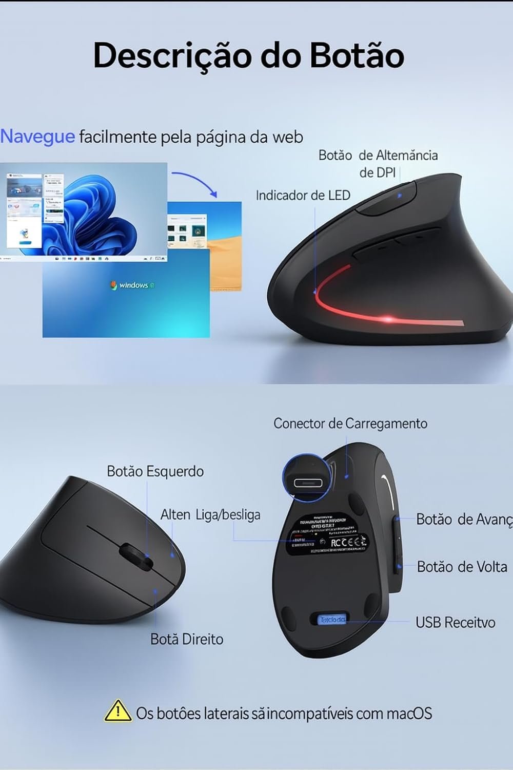Mouse Vertical Ergonômico, Sem Fio, 1600 DPI, Mouse Ortopédico Bluetooth 2.4G, 6 Botões, Posição da Mão Correta, Evita Inflamações no Pulso e Tendões, Trabalho, Jogos e Estudos, Recarregável USB - Imagem 4