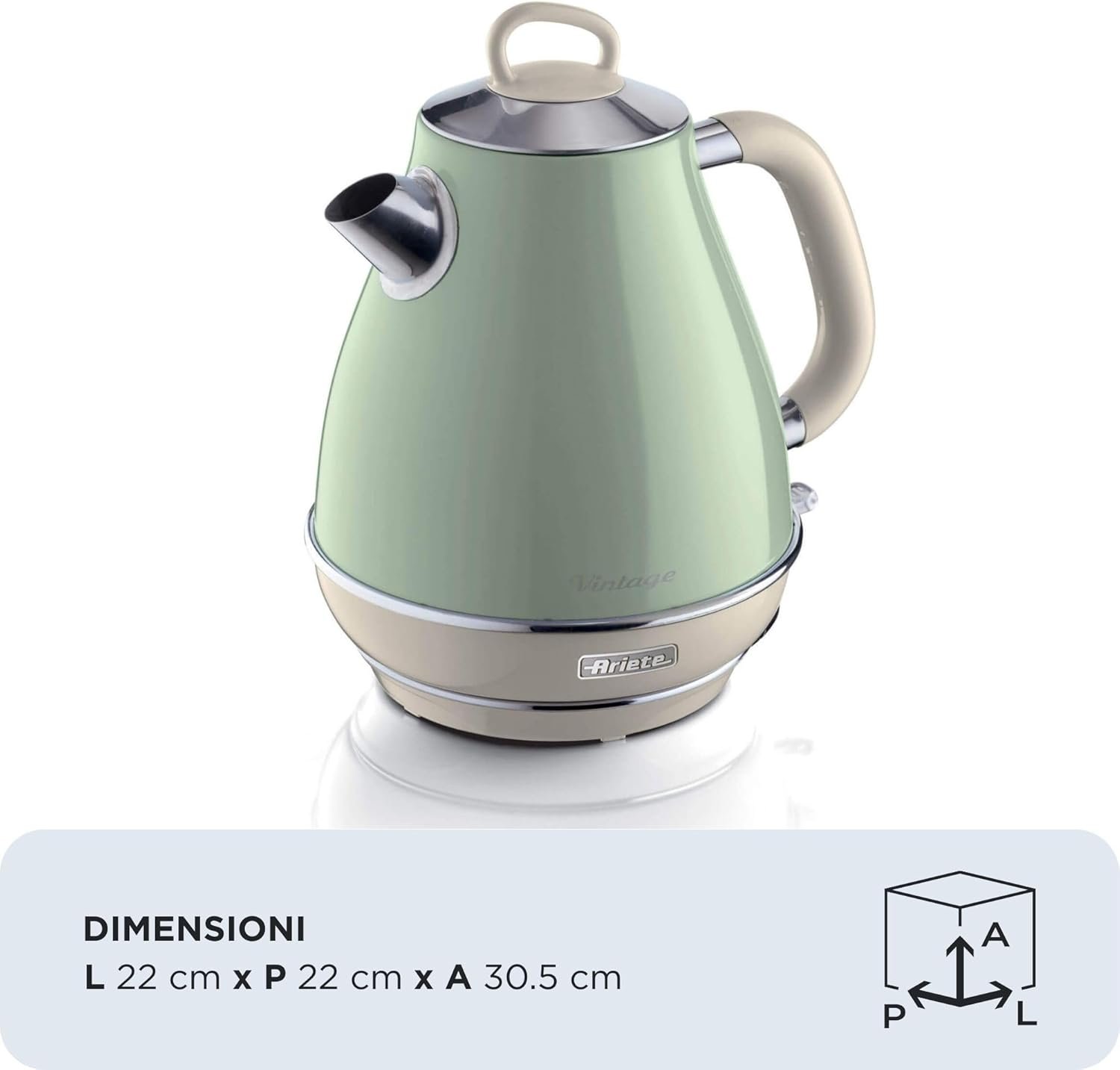 Ariete 2869, Chaleira Eletrica Vintage Verde, Aço Inoxidável, 1.7 L, Desligamento Automático, Base 360º, 1850 Wats - 220V - Imagem 2