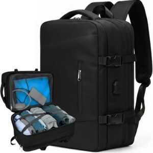 Mochila de Viagem, Mochila Feminina, Mochila Masculina, Mala de Mão10kg, Notebook, Reforçada, Grande, Resistente, Impermeável, Expansível, Escola, Trabalho, Preta,