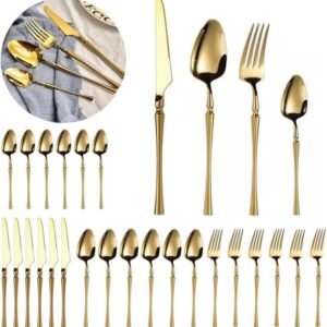 Kit Faqueiro 24 Peças em Aço Inox – Conjunto de Talheres Completo com Facas, Garfos e Colheres – Talheres para Jantar, Uso Diário e Ocasiões Especiais – LealShop (Dourado)