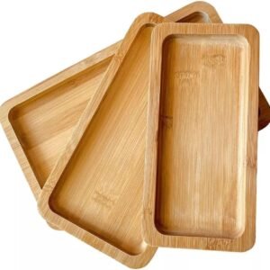 Kit 3 Bandejas de Bambu Marrom Natural Retangular para Cozinha 22cm 27cm e 32Cm Produto Premium