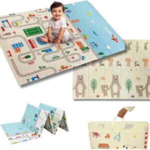 Tapete Térmico Infantil Emborrachado Dupla Estampa Tatame Infantil 200x150cm Ursinho e Pista de Carros Cidade Dupla Face Dobrável Atividades Impermeável