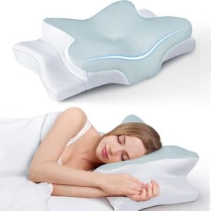 Travesseiro Ergonômica de Alívio de Dor no Pescoço com Memória, Ajustável e Resfriamento, Travesseiro Ortopédico para Dormir de Costas, Lado ou Barriga – Conforto, Suporte e Bem-estar (Azul)