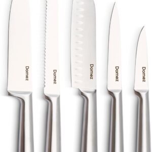 DOMEZ Jogo de 5 Facas Inox 4Cr13 | Conjunto de Facas de Cozinha Profissional | Faca Chef, Faca de Pão e Faca Churrasco | Design Ergonômico e Resistente à Ferrugem