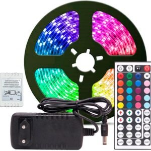 Fita LED RGB 5050 Rolo 5 metros Fonte 12V 3A e Controle Remoto