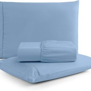 Jogo de Lençol Casal 3 Peças Percal 400 Fios com Ponto Palito | Toque de Hotel, Não Amassa e Anti Bolinha – Cor Azul