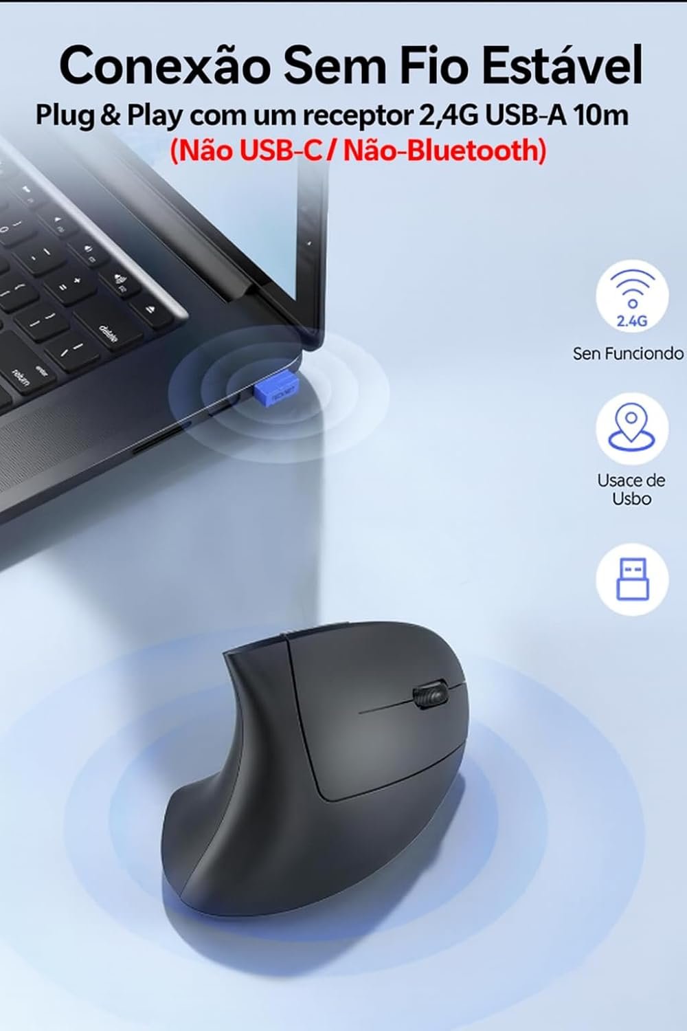 Mouse Vertical Ergonômico, Sem Fio, 1600 DPI, Mouse Ortopédico Bluetooth 2.4G, 6 Botões, Posição da Mão Correta, Evita Inflamações no Pulso e Tendões, Trabalho, Jogos e Estudos, Recarregável USB - Imagem 8