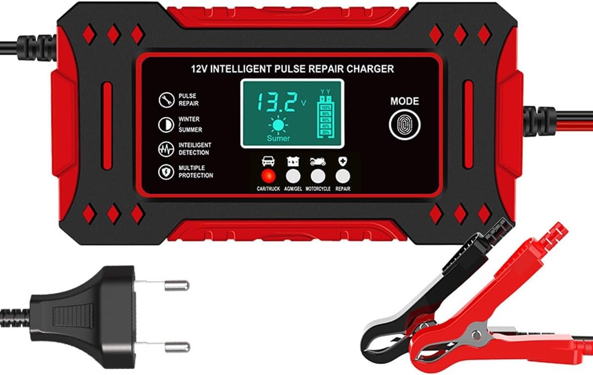 Carregador de Bateria Inteligente 12V, Display Digital, Bivolt, para Carro, Moto e Caminhão, com Proteção Contra Superaquecimento