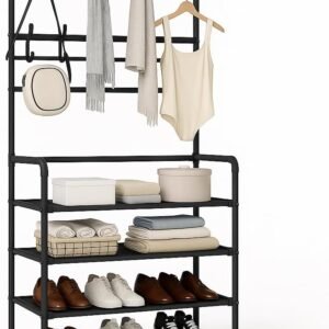 Sapateira Organizador com Cabideiro de Chão e 4 Prateleiras | Arara Multiuso Vertical para Roupas, Bolsas e Sapatos (Preto)