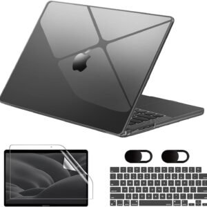 Capa Macbook Air M1 13,3” A1932/A2179/A2337 (2018-2020), Vem Com Película de Teclado, Película de Tela Hidrogel e Tampa Protetora para Câmera, Rigido, Leve e Fina (Transparente Preto)