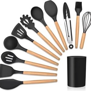 Kit 12 Utensílios de Cozinha em Silicone com Cabos de Madeira, Antiaderente, Resistente ao Calor e Completo (Preto)