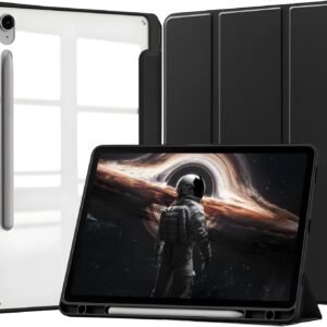 Capa para Samsung Galaxy Tab S10 Lite / S10 FE / S9 / S9 FE 10,9-11 Polegadas Capinha Protetora Fina Capa Traseira Transparente com Suporte para Lápis Anti-Impacto Auto Sleep Tampa Magnética – Negro