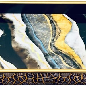 Bandeja com efeito marmorizado com alças, material plástico e elegante 33 x 23cm, decorativa propria para servir café da manhã, lanche ou festas. (preto e amarelo)