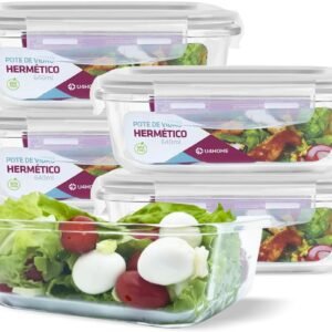 KIT 5 Potes de Vidro Retangular com Tampa Hermética 640ml Cor:Branco (QH)